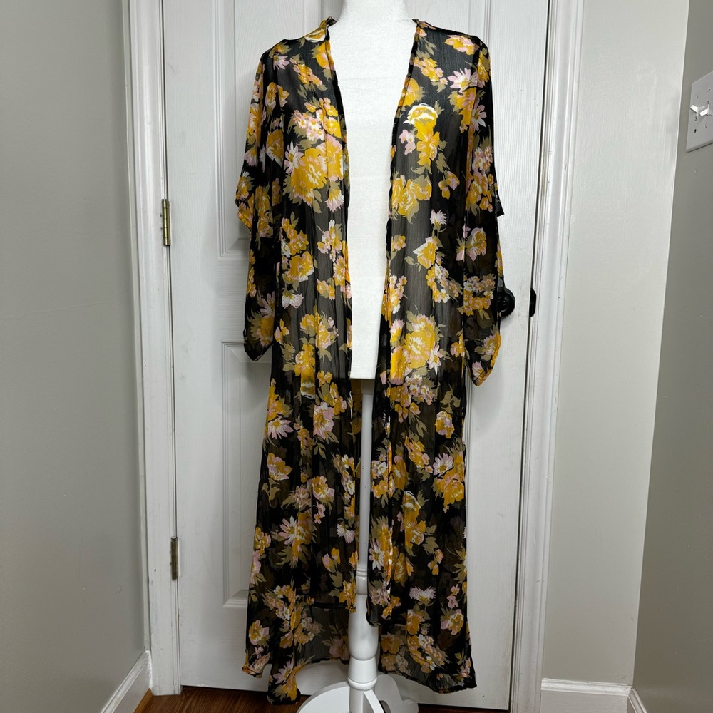 Band of Gypsies Longline Sheer Black and Yellow Floral Open Front Kimono Size S